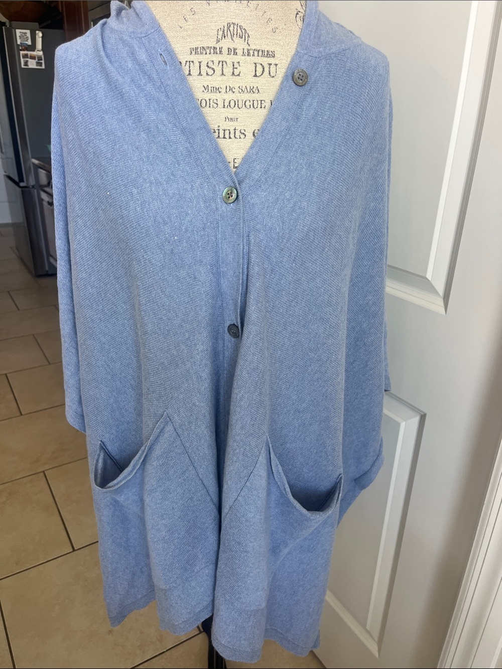 EUC Poetry blue linen blend hooded poncho cardigan w/pockets  L-XL